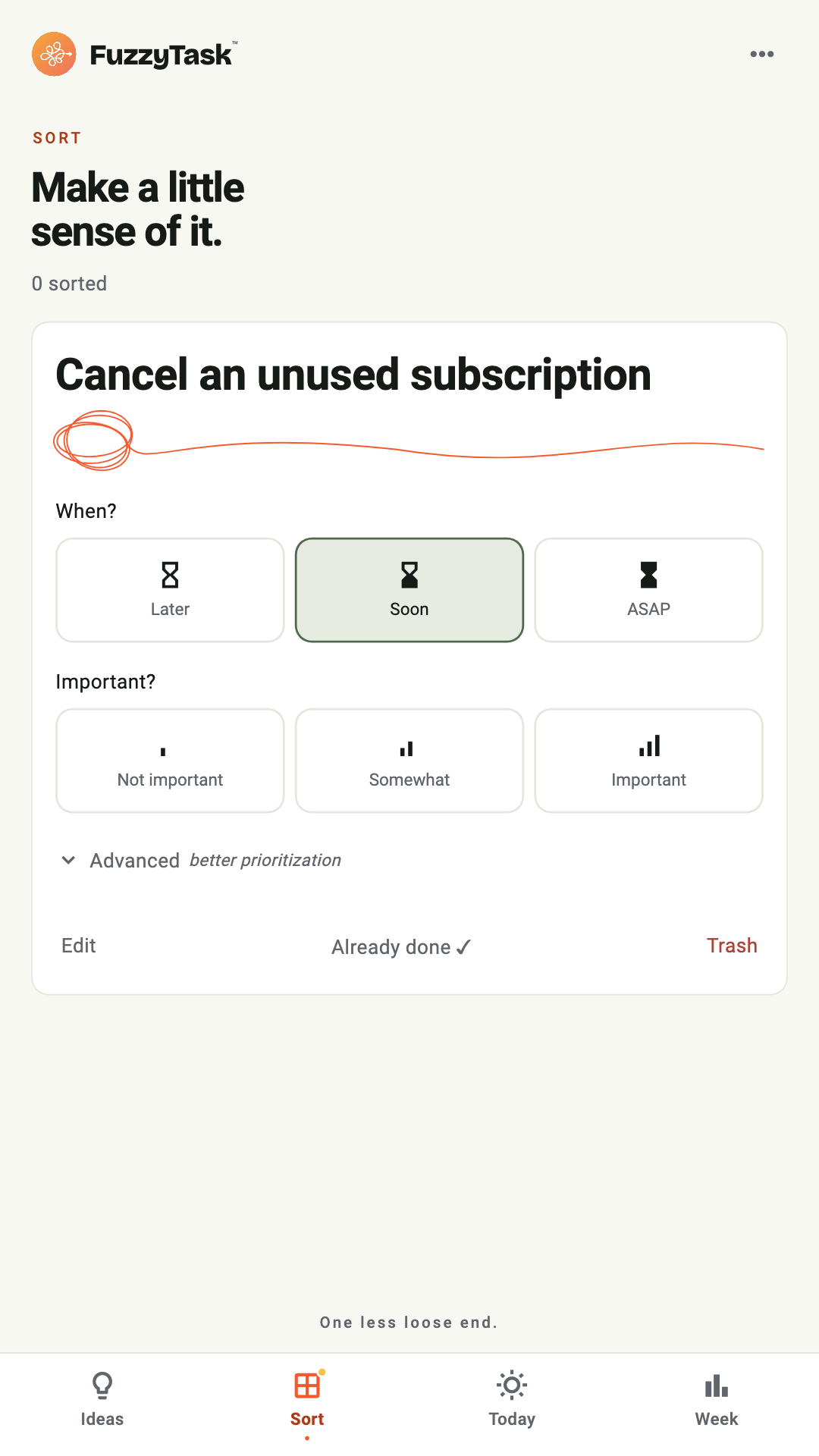 FuzzyTask Sort screen
